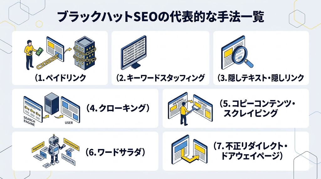 ブラックハットSEOの代表的な手法一覧