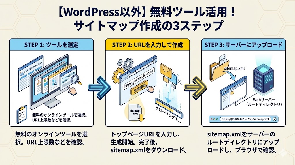 【WordPress以外】無料ツール活用！サイトマップ作成の3ステップ