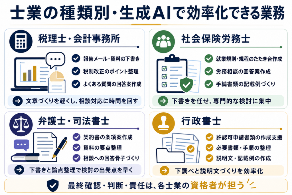 士業の種類別・生成AIで効率化できる業務