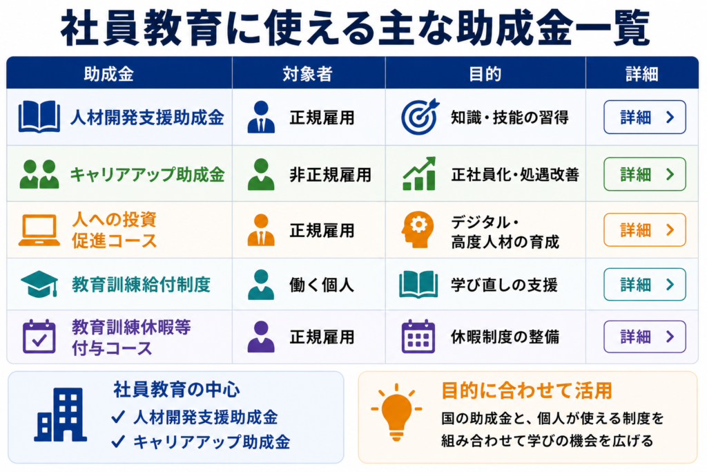 社員教育に使える主な助成金一覧