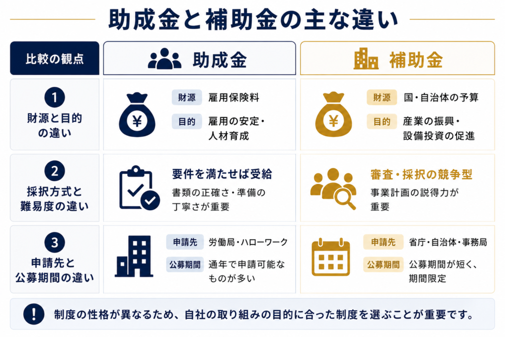 助成金と補助金の主な違い